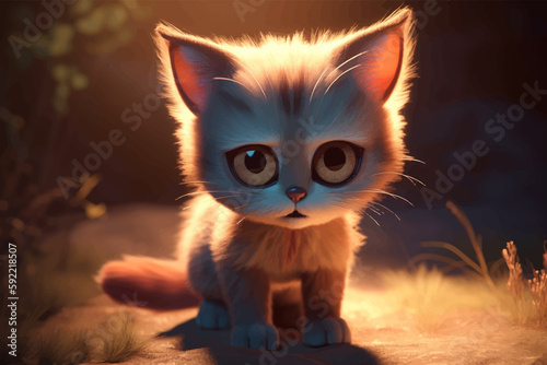Super Cute little baby cat. Kitty with a plaintive look. Funny cartoon character with big eyes. Fantasy. 3D illustration.