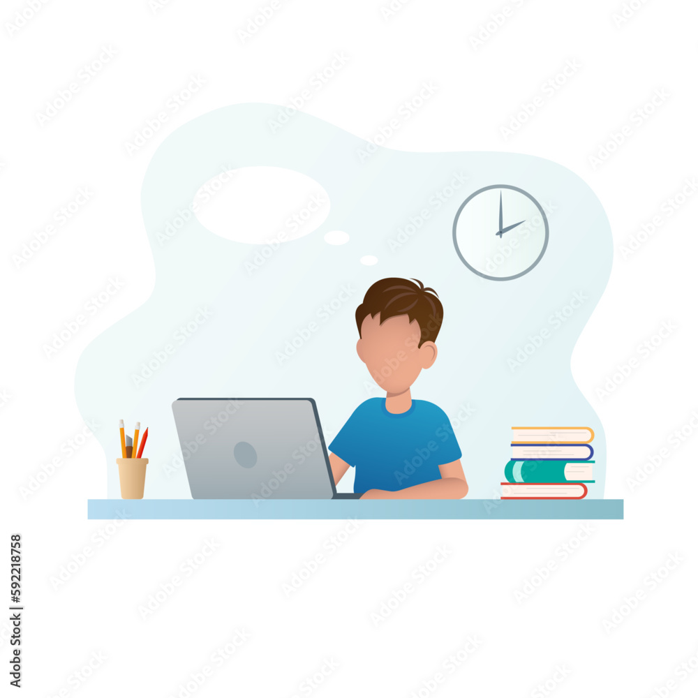 The boy is studying. The boy thinks. Next to the boy is a laptop, books, pencils, pens. Color vector illustration.