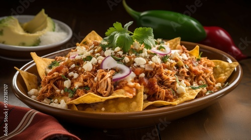 Mexican traditional chilaquiles breakfast.  Created with Generative AI technology
