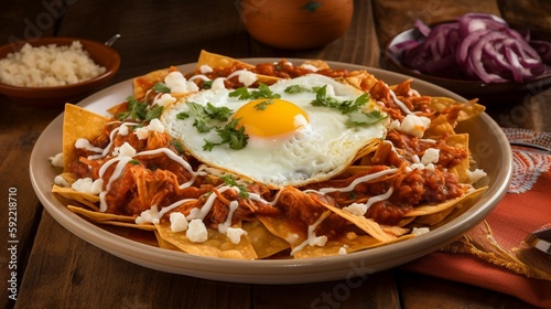 Mexican traditional chilaquiles breakfast.  Created with Generative AI technology