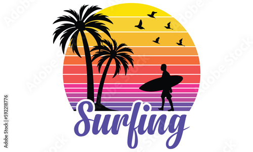 Surfing T-shirt Design Vector Illustration. Vintage Emblem In Retro Style. Surfboards, Waves And Hand Drawn Lettering Shirt, Beach, Surf, Surfing, Time For Surfing, Sun, Palm Tree, Beach Water
