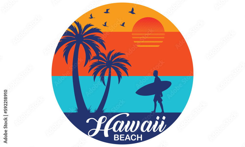 Hawaii Beach T-shirt Design Vector Illustration and apparel vector design, print, typography, poster, emblem with palm trees. With Surfing Man, Vector Print Design Artwork