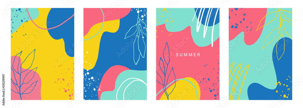 Summertime theme cover templates. Summer botanical backgrounds set. Hand drawn floral and abstract elements for your creative graphic design. Vector illustration.