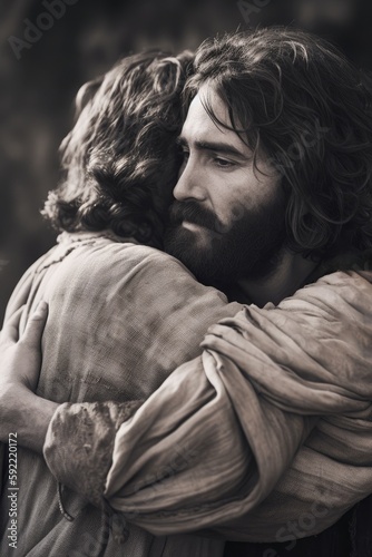 A fraternal hug of Jesus Christ our Saviour to a sinner man Generative AI Illustration