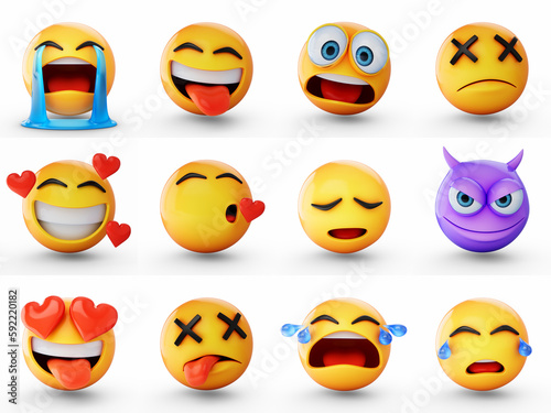 3D Rendering set of emoji isolated on white background