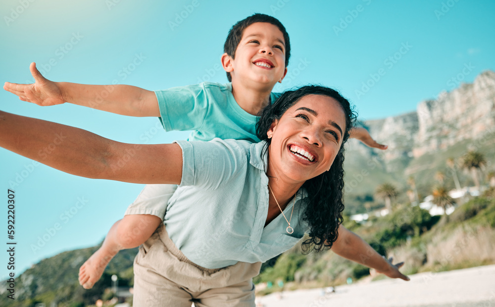 Mother, child and family outdoor at beach playing airplane game for fun. Happy woman and boy kid play and laughing for happiness, freedom and adventure on travel holiday or vacation with love outdoor Mother, child and family outdoor at beach playing airplane game for fun. Happy woman and boy kid play and laughing for happiness, freedom and adventure on travel holiday or vacation with love outdoor