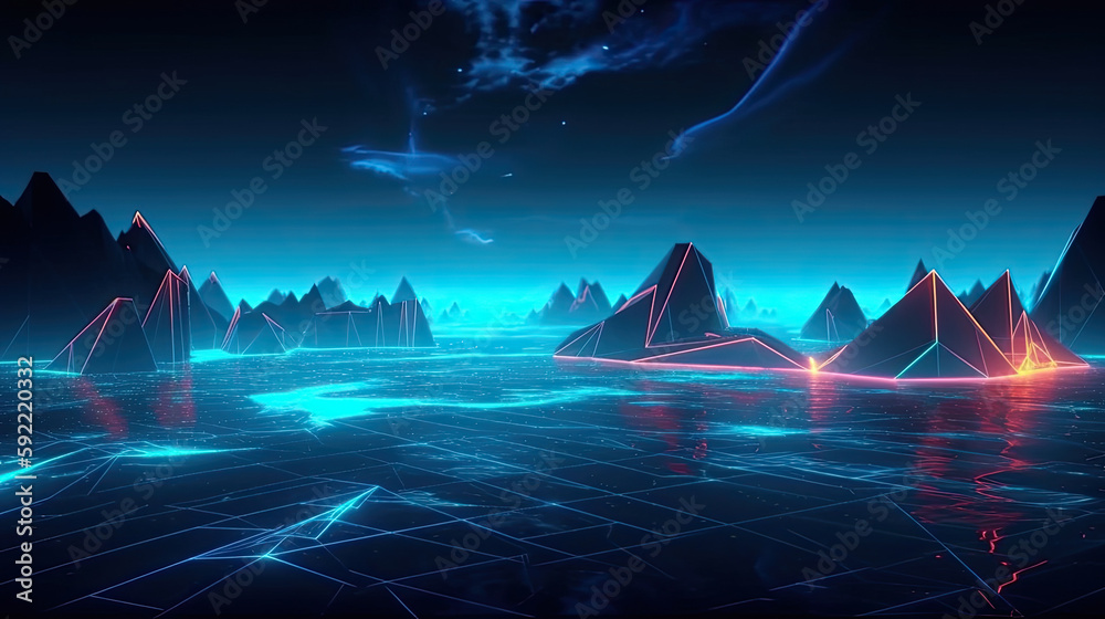 Virtual workd landscape with lines and neon lights. Generative AI