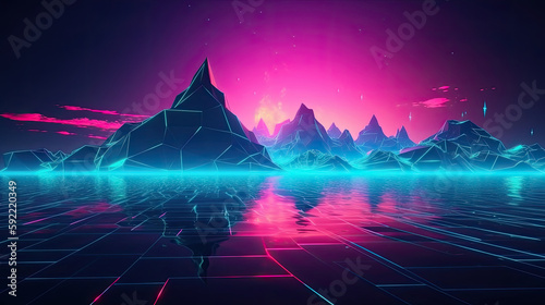 Virtual workd landscape with lines and neon lights. Generative AI