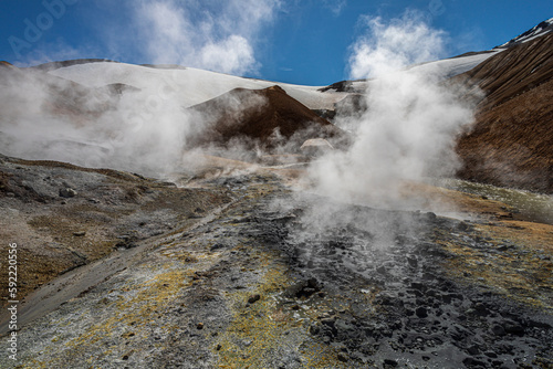 Steam coming out of the mountain crest in the geological location in Kerlingarfjoll, Iceland.