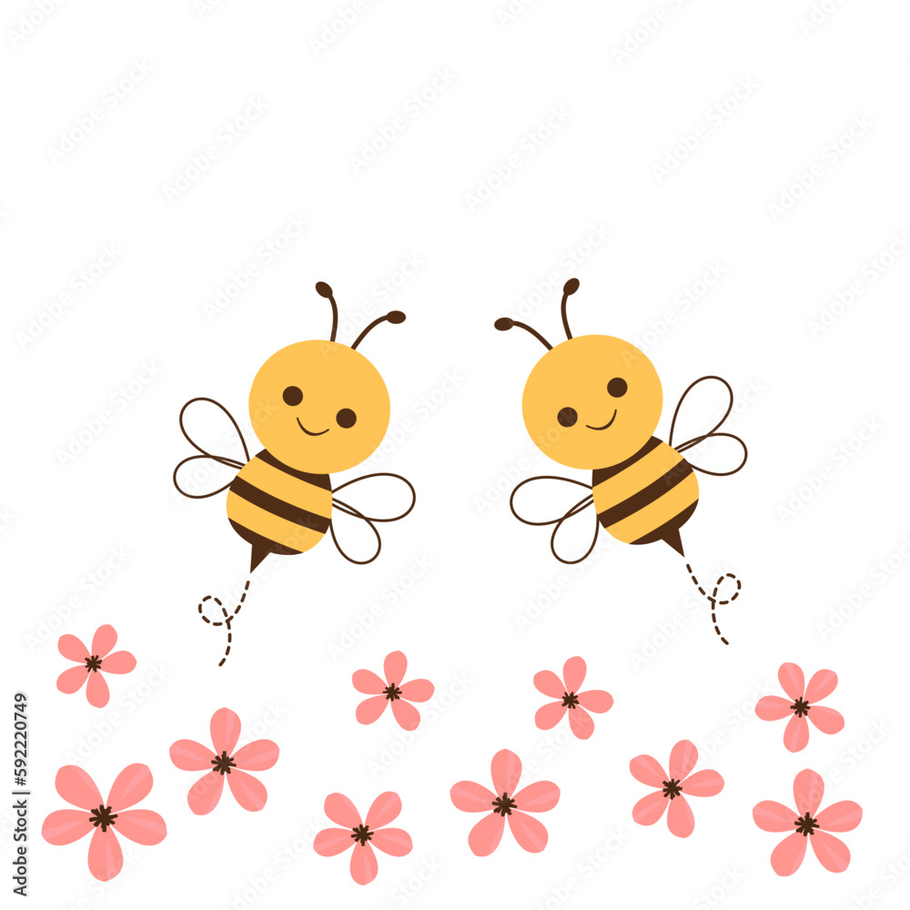 Bee cartoons and pink flower garden isolated on white background vector illustration. Bee cartoons and pink flower garden isolated on white background vector illustration.