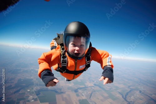 Skydiving. Little boy in free fall. Extreme sport. Generative AI