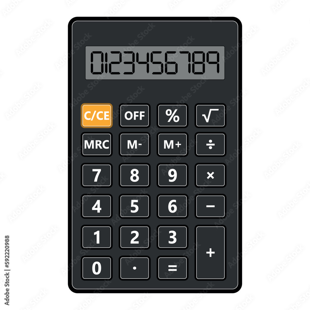 Black calculator with display, buttons and numbers isolated on a white background Black calculator with display, buttons and numbers isolated on a white background