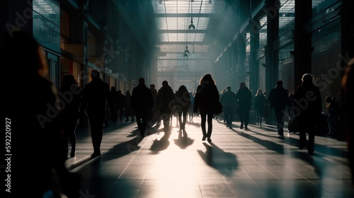 Silhouettes of people in the backlight. People walk along the corridor of the building, walk around the shopping center. Hurrying people, vanity. Generative AI
