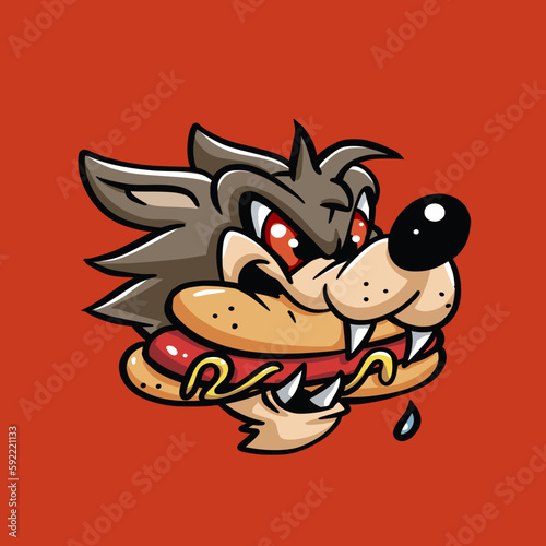 Hungry coyote eating hot dog cartoon vector illustration photo