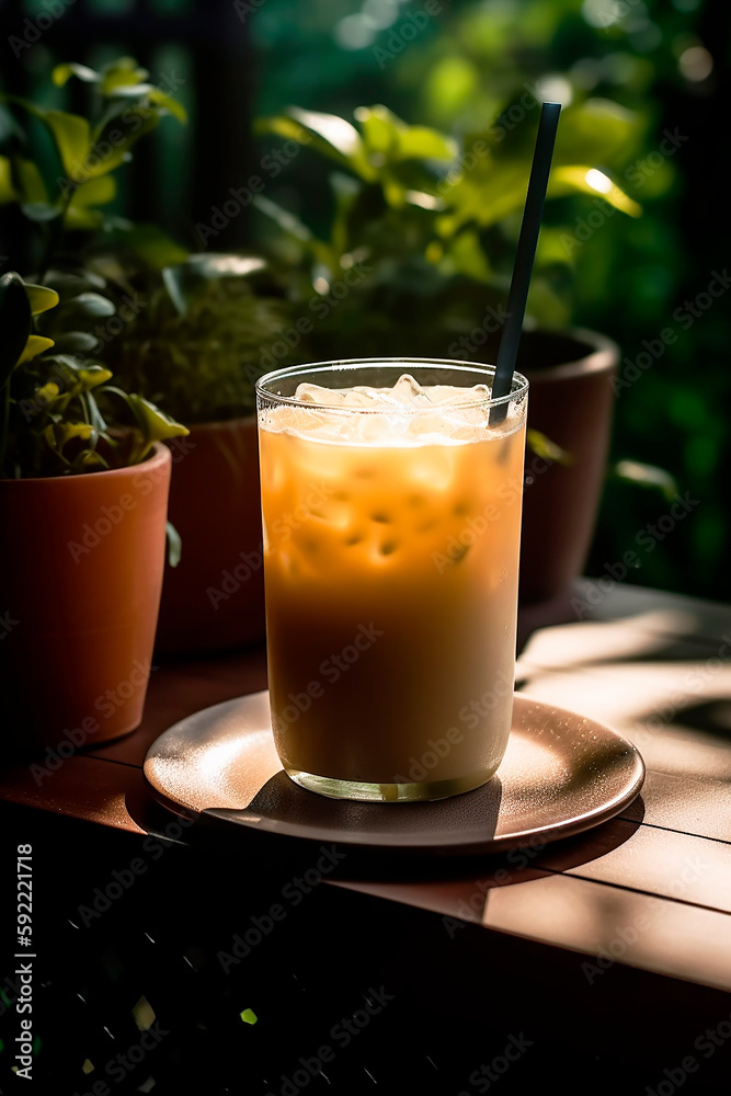 Fototapeta premium A glass of cold coffee with ice, in nature, in the backlight. Cold latte, summer mood. Generative AI 