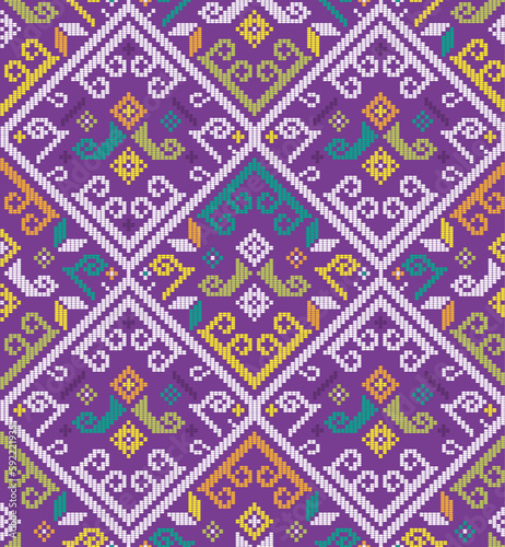 Filipino tapestry folk art - Yakan cloth inspired vector seamless pattern, retro textile or fabric print design from Philippines on purple background
 photo