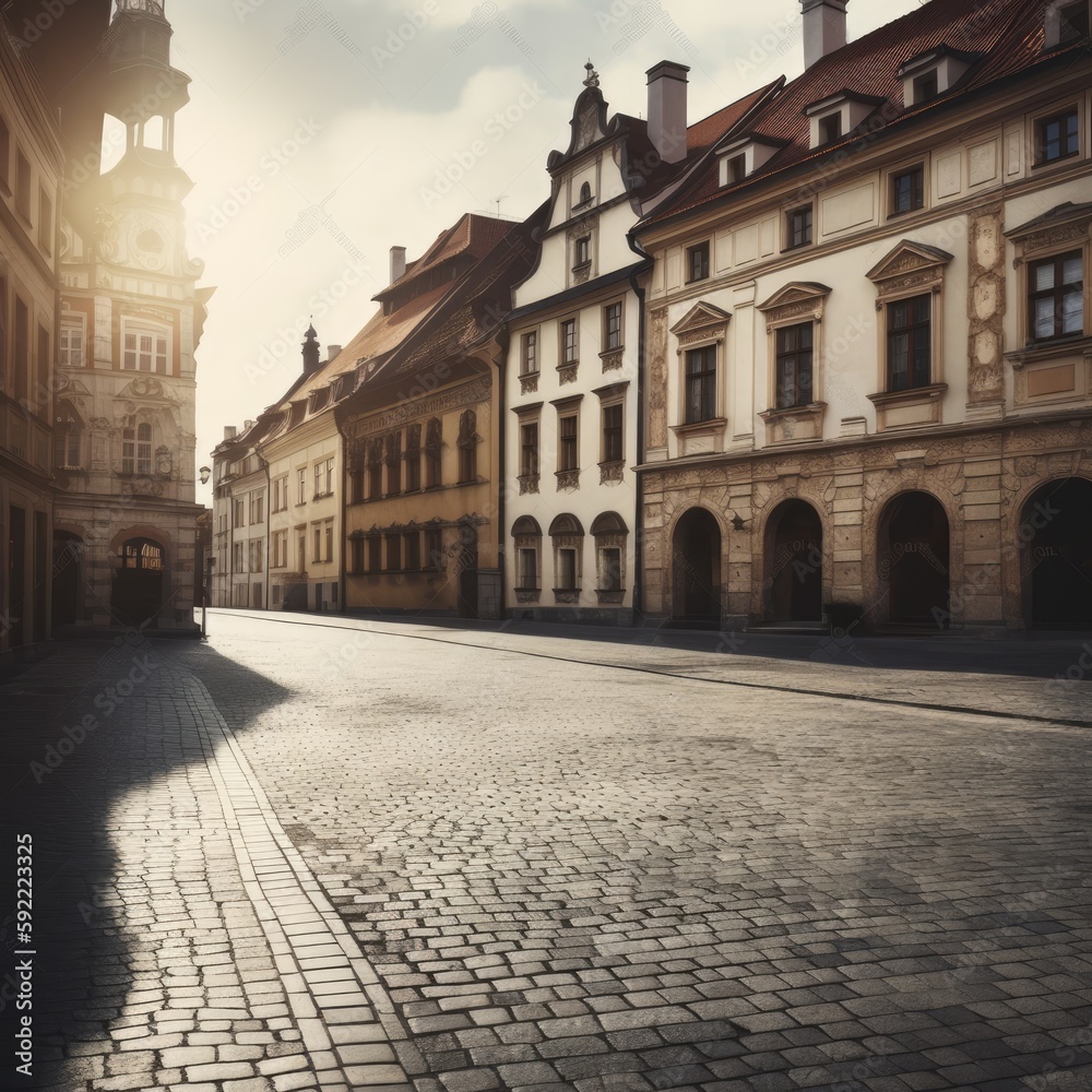 beautiful city picture, calm street, no humans, old buildings, generative AI