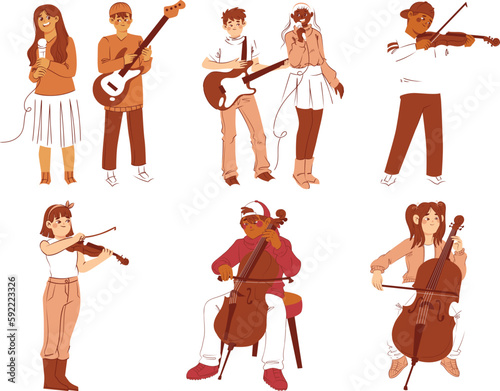 Musical Instruments Set, Male and Female Musicians Cartoon Vector Illustration