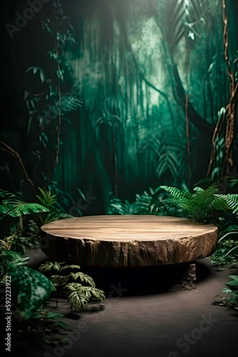 Round wooden podium in tropical forest for product.