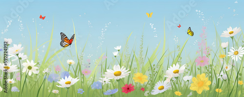 Frühlings Blumenwiese Hintergrund Banner Illustration mit Schmetterlinge (Generative AI) © Stephan