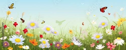 Frühlings Blumenwiese Hintergrund Banner Illustration mit Schmetterlinge (Generative AI) © Stephan