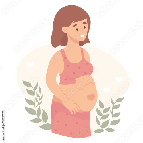 Cute beautiful young pregnant girl. Vector illustration. Future happy mother in flat cartoon style