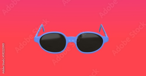 Concept vacation or traveling. Pink fashion sunglasses and black lens optic on summer object background with modern accessory design