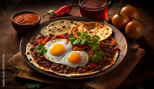 Huevos Rancheros Mexican dish. Breakfast with fried egg and sauce on grilled flour tortilla. Created with Generative AI technology 