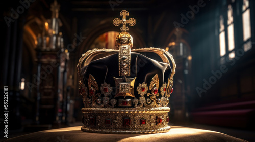  Crown on table, king's coronation ceremony concept created with generative AI technology photo