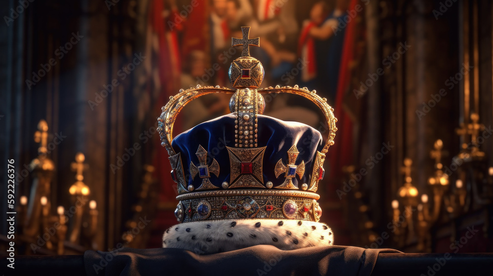  Crown on table, king's coronation ceremony concept created with generative AI technology