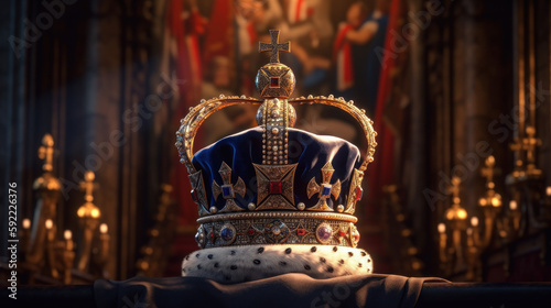  Crown on table, king's coronation ceremony concept created with generative AI technology photo