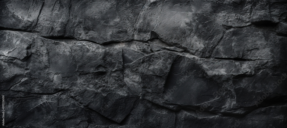 Black concrete wall, grunge stone texture, dark gray rock. AI generated