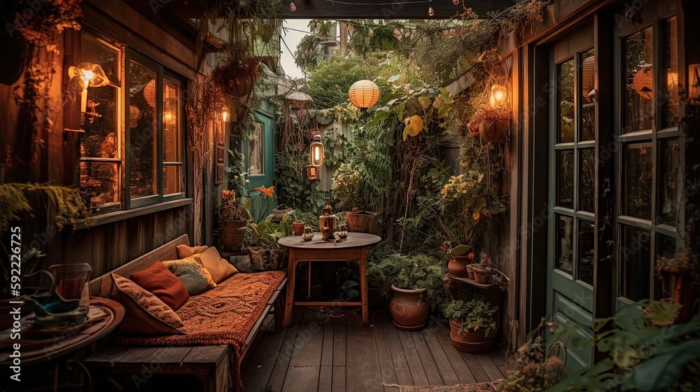 cozy backyard green space bohemian decor with green pot plant, Generative Ai