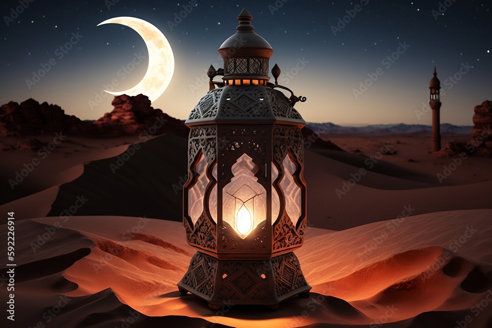 Decorative Arabic lantern with a burning candle, Moonlight in the desert Decorative Arabic lantern with a burning candle, Moonlight in the desert