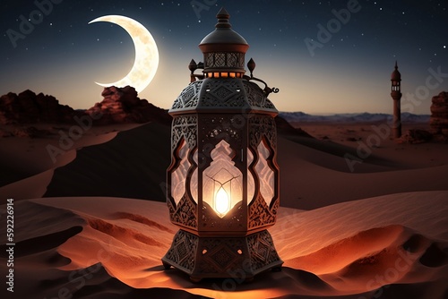 Decorative Arabic lantern with a burning candle  Moonlight in the desert