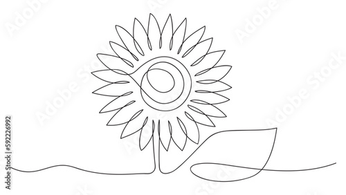 One line sunflower element. Black and white monochrome continuous single line art. Outline drawing,vector