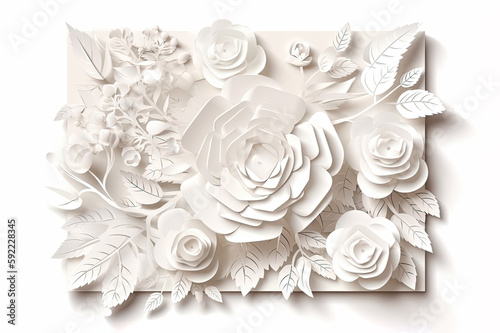 White paper art cut flowers, floral background, wedding card. Greeting card template, created with Generative AI