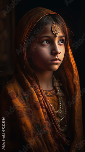 A beautiful girl dressed in ethnic attire, in the style of samikshavad, fine art portraiture, golden light, childlike innocence, dark foreboding colors. made with ai photo