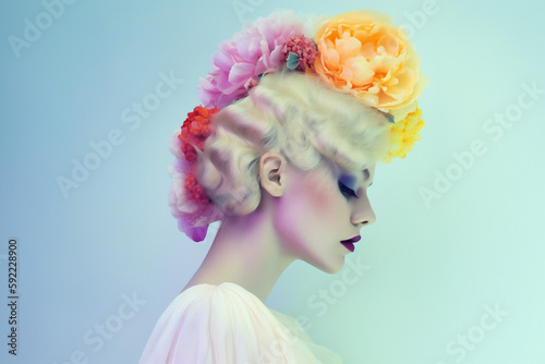 portrait woman fashion summer flower bouquet beauty art spring girl peony. Generative AI.