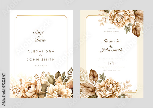 Beautiful watercolor golden brown flower wedding invitation design template