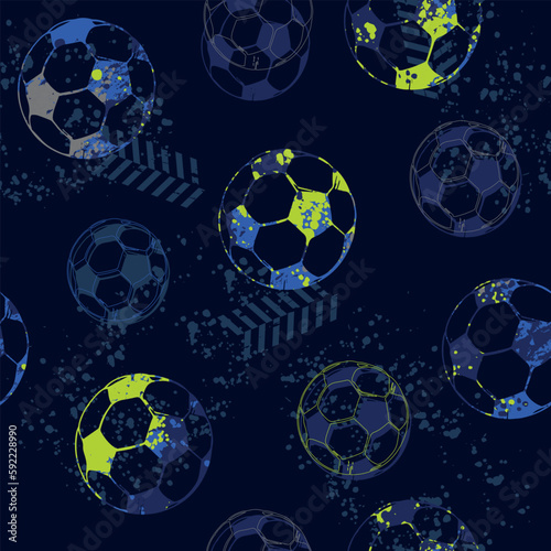 Abstract seamless football pattern. Grunge geometric textured print for sport textile, boy clothes, wrapping paper. Soccer ball and arrows repeats print.