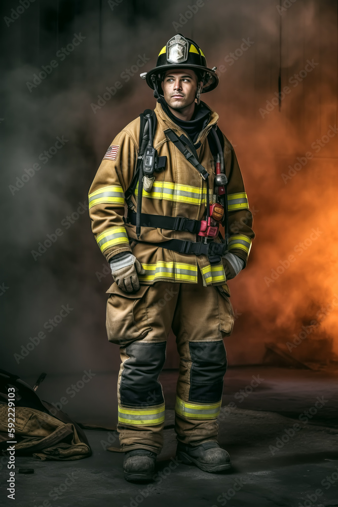 FIREFIGHTER IN A FIRE. WHOLE BODY, AI ILLUSTRATION, COLOR, HORIZONTAL FIREFIGHTER IN A FIRE. WHOLE BODY, AI ILLUSTRATION, COLOR, HORIZONTAL