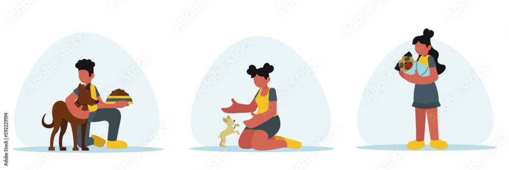 Set of cartoon characters of young people spending time with dogs. Charity for domestic animals. Volunteers playing with pets. Social active youth. Vector