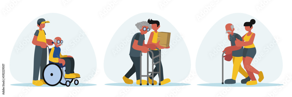 Set of cartoon characters of volunteers helping senior people with disability. Activists helping elderly persons with rehabilitation. Support for people with special needs. Vector Set of cartoon characters of volunteers helping senior people with disability. Activists helping elderly persons with rehabilitation. Support for people with special needs. Vector