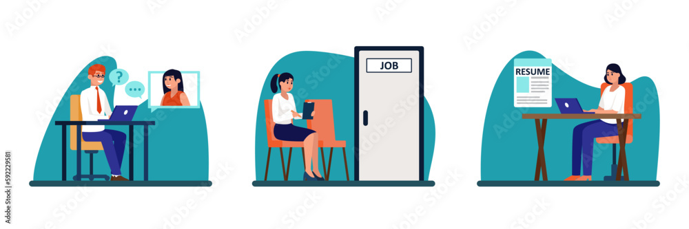 Set of cartoon characters of hiring managers and job candidates in office. Process of selecting resumes and employment interviewing. Human resource management. Vector Set of cartoon characters of hiring managers and job candidates in office. Process of selecting resumes and employment interviewing. Human resource management. Vector