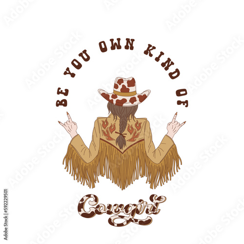 Beautiful cowgirl from back in retro jacket and cowboy hat. Be your own kind of cowgirl text. Vector illustration isolated on white. photo