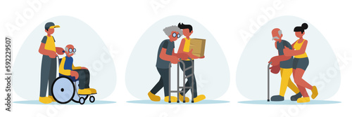 Set of cartoon characters of volunteers helping senior people with disability. Activists helping elderly persons with rehabilitation. Support for people with special needs. Vector