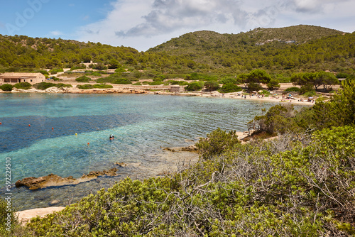 Turquoise waters in Cabrera island beach landscape. Balearic archipelago. Spain