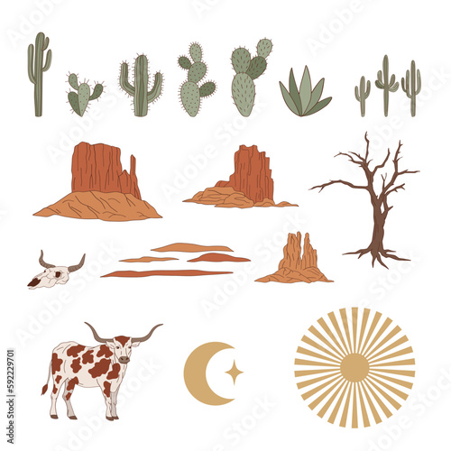 Western desert nature landscape elements. Mountain, cactus, dry tree, cow. Vector illustration set isolated on white.