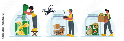 Set of cartoon characters of young people working as military volunteers. Jars with money, drones, medications and helmets. Non profit social organization. Social active youth and charity. Vector